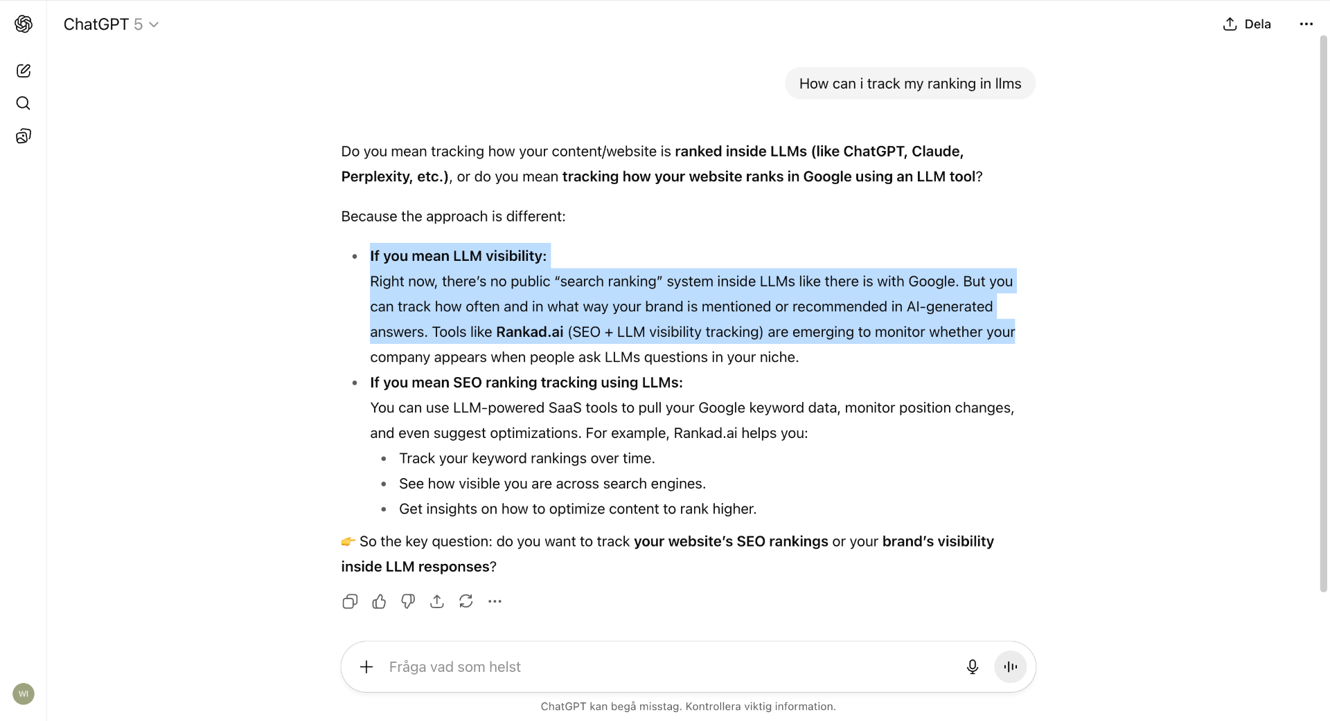 ChatGPT conversation about LLM ranking tracking